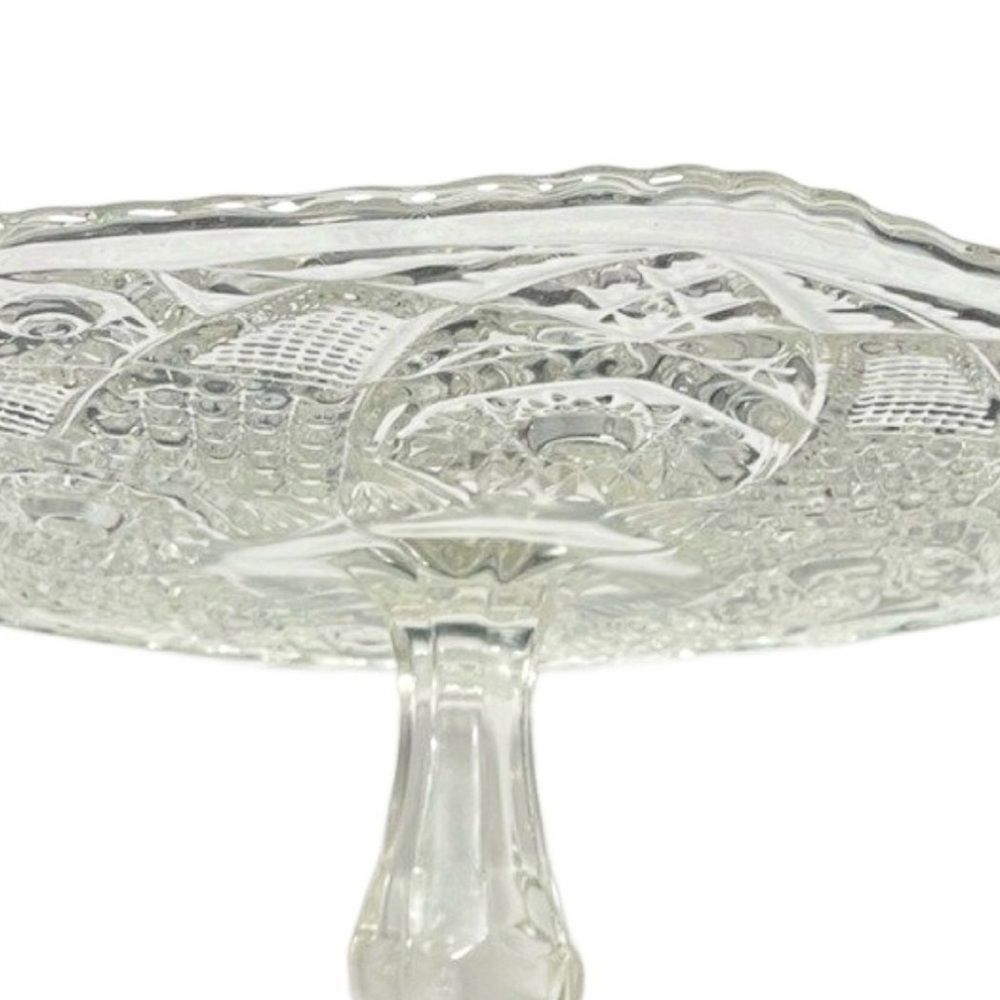 Vintage Pressed Glass Cake Stand w/Ornate Geometric Design & Pedestal - Picture 13 of 15